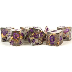 Metallic Dice Games: 16mm Polyhedral Set - Gray Foil With Purple (7) (Last Chance)